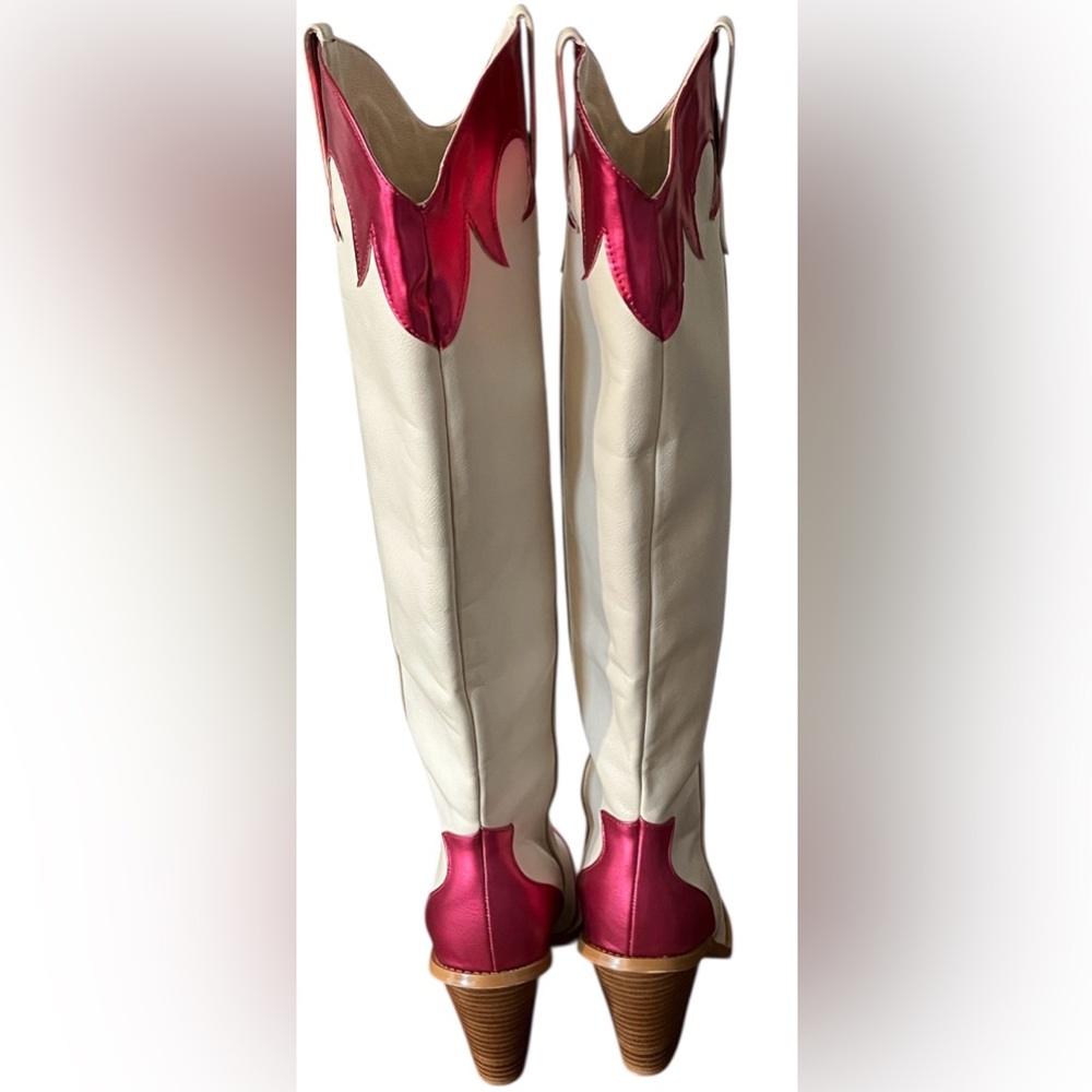 Billini Sayuri knee high cowboy boots white pink metallic flames pointed toe 8 - Picture 5 of 8